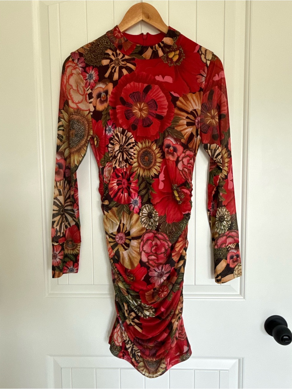 FARM Rio Flowershop Long Sleeve Ruched Tulle Mesh Mock Neck Floral Mini Dress M - Picture 2 of 8